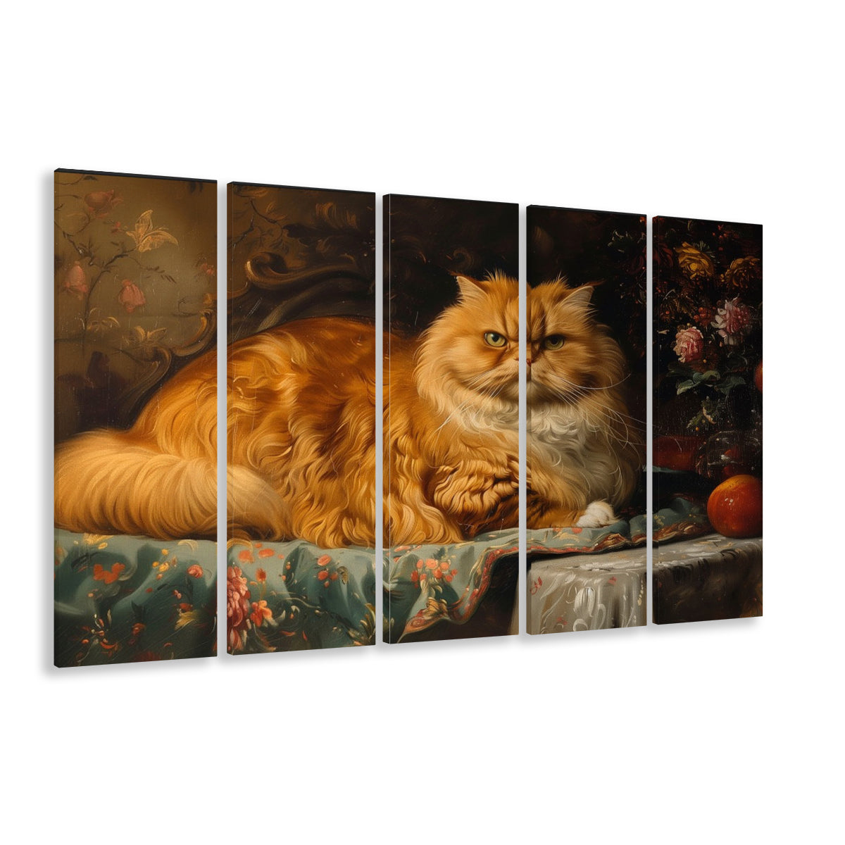 Fat Red Cat Victorian Portrait Oil Painting, Chubby Giant Red Haired Cat, 5 Panel B Canvas Print Wall Art, Extra Large Canvas