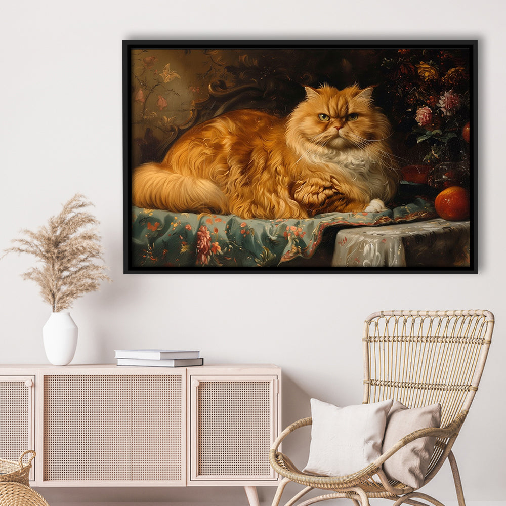 Fat Red Cat Victorian Portrait Oil Painting, Chubby Giant Red Haired Cat, Framed Canvas Print Wall Art, Floating Frame