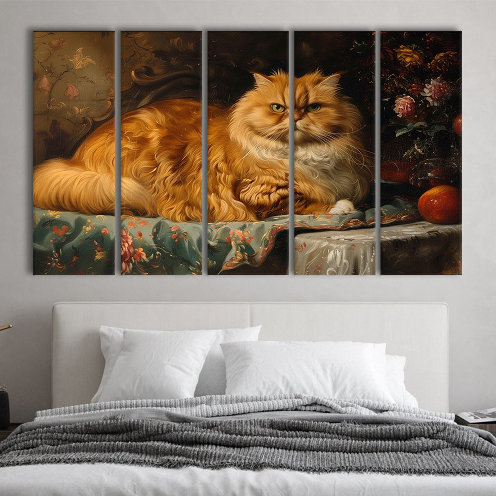 Fat Red Cat Victorian Portrait Oil Painting, Chubby Giant Red Haired Cat, 5 Panel B Canvas Print Wall Art, Extra Large Canvas