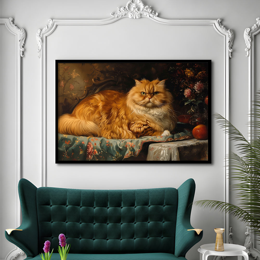 Fat Red Cat Victorian Portrait Oil Painting, Chubby Giant Red Haired Cat, Framed Art Print Wall Decor, Picture Framed