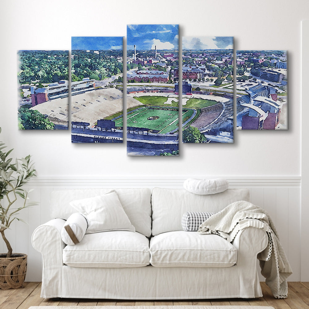 Faurot Field WaterColor, Columbia Missouri Watercolor, Sport Art, Mixed 5 Panel, Canvas Print Wall Art