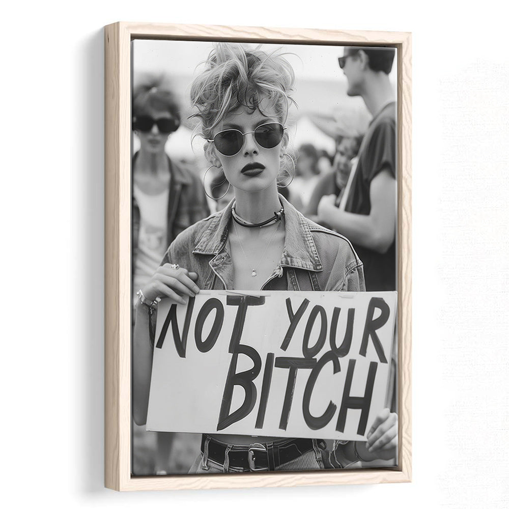 Feminist Framed Canvas Print Wall Art, Not Your Bitch, Women's Rights Movement, Black and White, Vintage Canvas