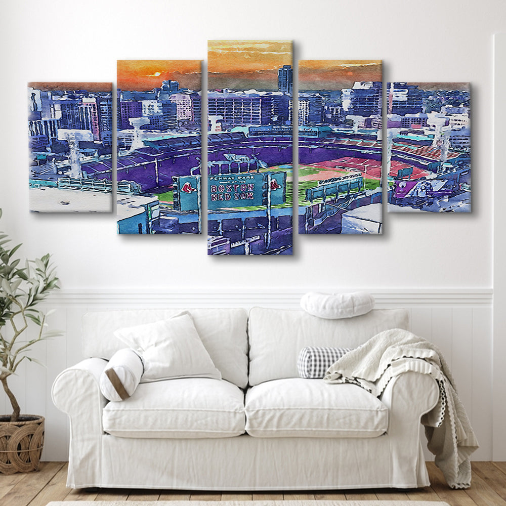 Fenway Park Painting Canvas, Boston Watercolor, Sport Art, Mixed 5 Panel, Canvas Print Wall Art