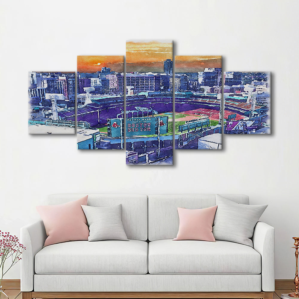 Fenway Park Painting Canvas, Boston Watercolor, Sport Art, Mixed 5 Panel, Canvas Print Wall Art