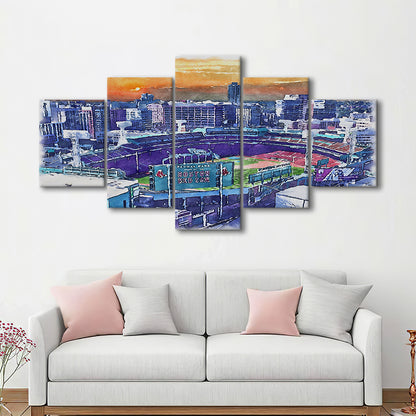 Fenway Park Painting Canvas, Boston Watercolor, Sport Art, Mixed 5 Panel, Canvas Print Wall Art
