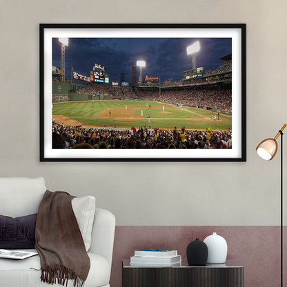 Fenway Park at Night, Stadium Canvas, Sport Art, Gift for him, White Border Framed Art Print Wall Decor