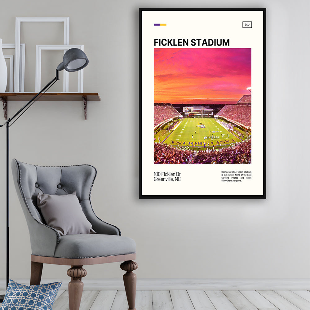 Ficklen Stadium Print, East Carolina Pirates Stadium Canvas Art, Man Cave Gift, Floating Framed Canvas Print Wall Art