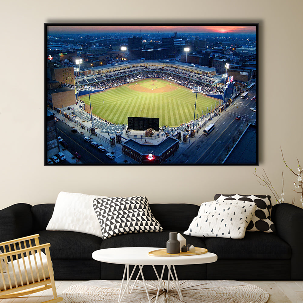 Fifth Third Field Aerial View, Stadium Canvas, Sport Art, Framed Canvas Print Wall Art, Floating Frame