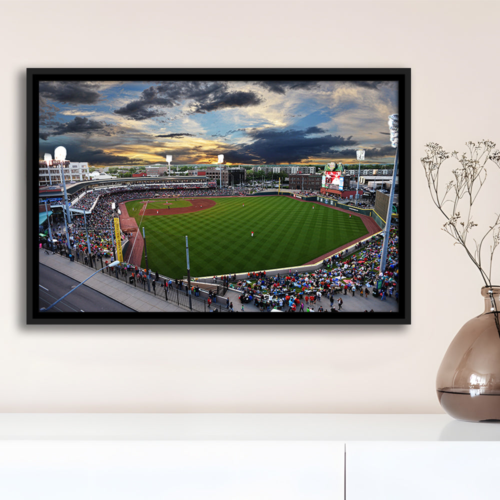 Fifth Third Field at Sunset, Stadium Canvas, Sport Art, Framed Canvas Print Wall Art, Floating Frame