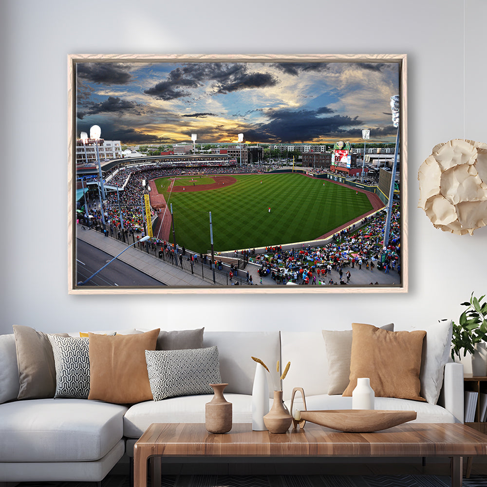 Fifth Third Field at Sunset, Stadium Canvas, Sport Art, Framed Canvas Print Wall Art, Floating Frame