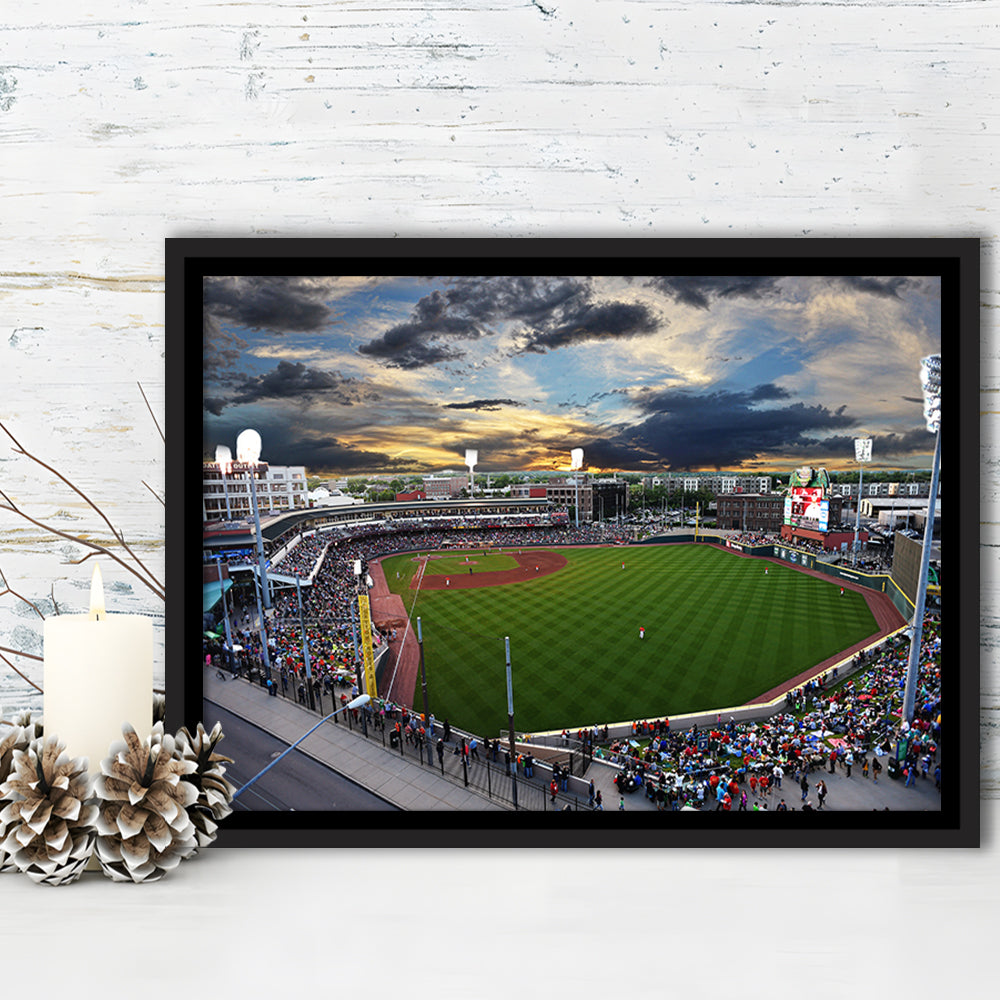 Fifth Third Field at Sunset, Stadium Canvas, Sport Art, Framed Canvas Print Wall Art, Floating Frame