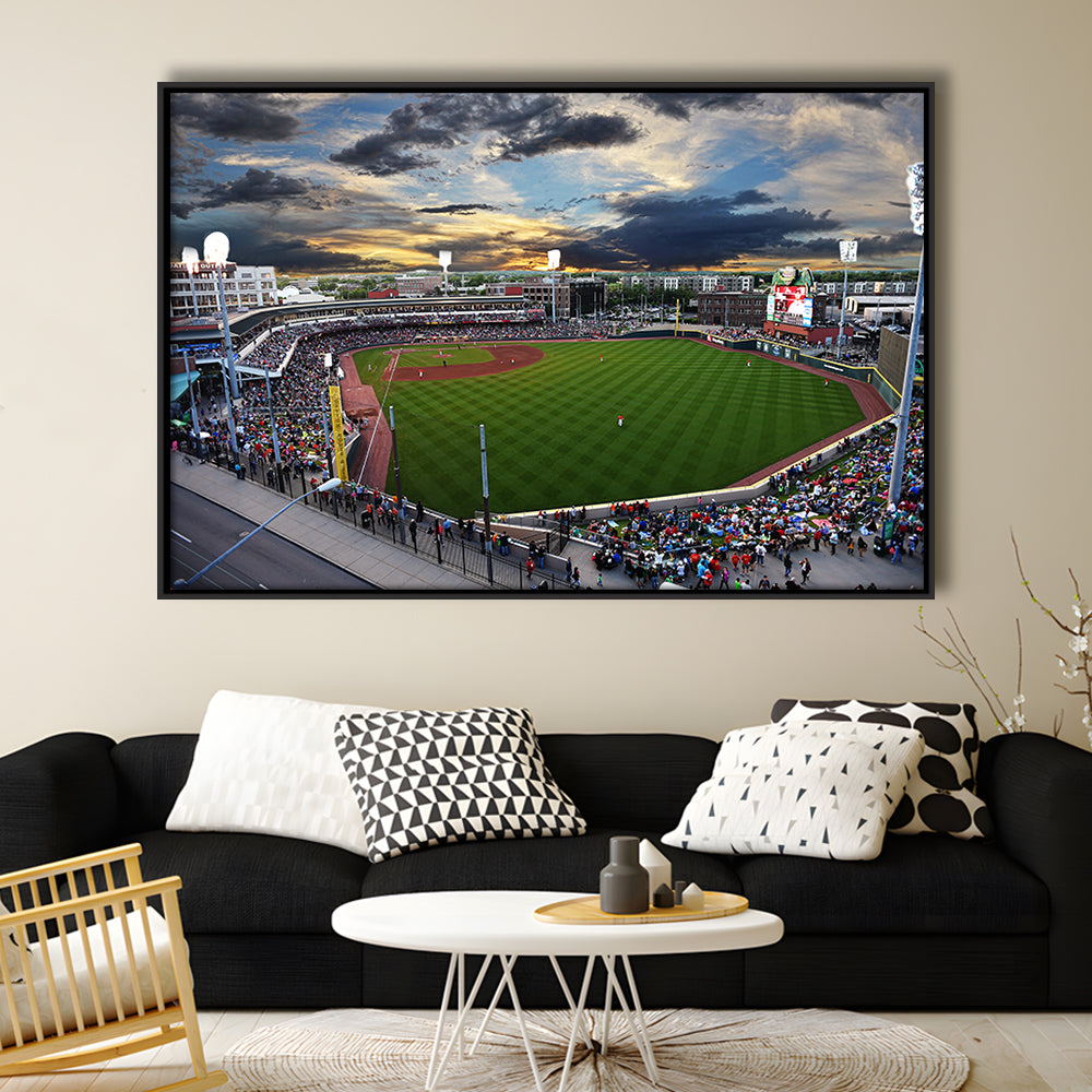Fifth Third Field at Sunset, Stadium Canvas, Sport Art, Framed Canvas Print Wall Art, Floating Frame