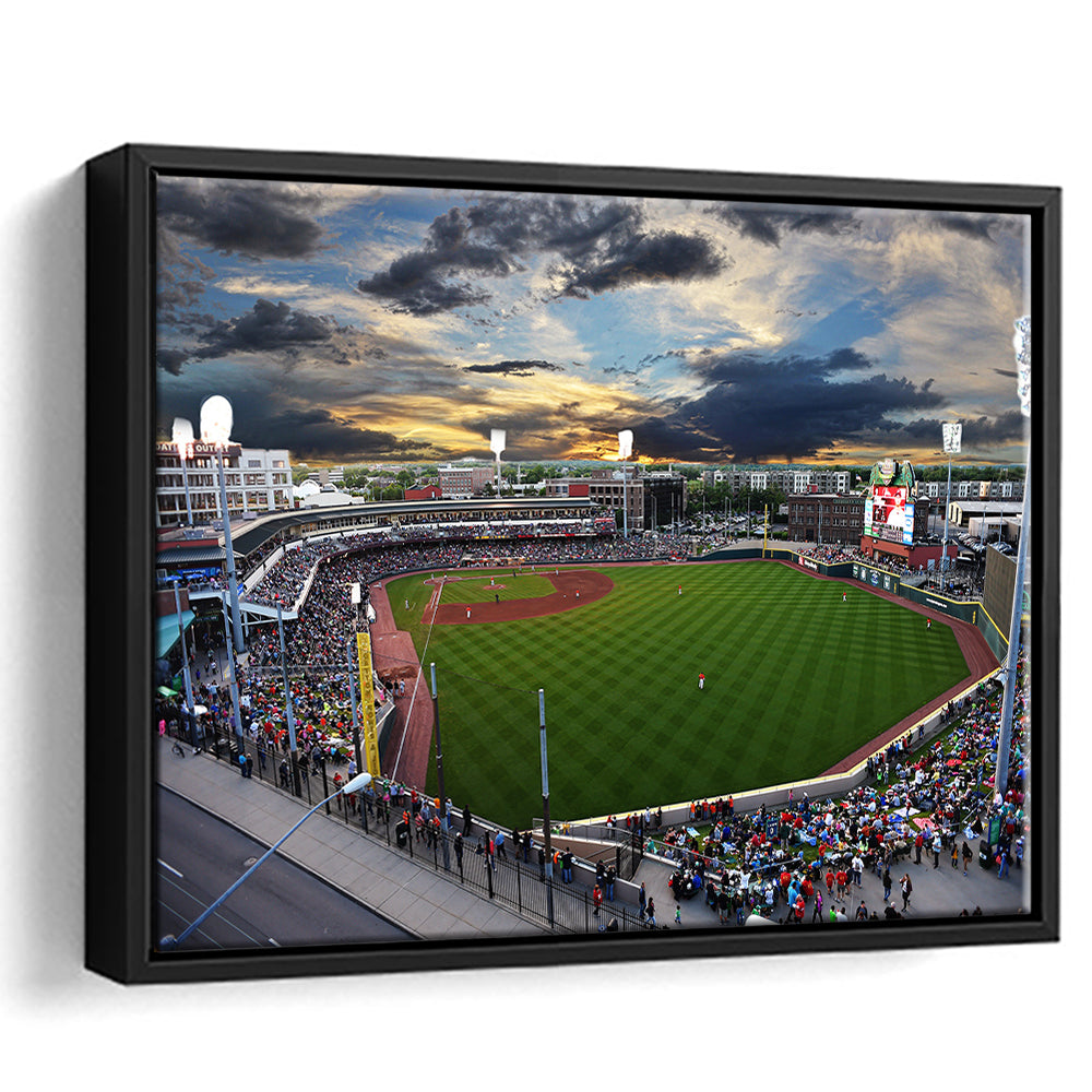 Fifth Third Field at Sunset, Stadium Canvas, Sport Art, Framed Canvas Print Wall Art, Floating Frame