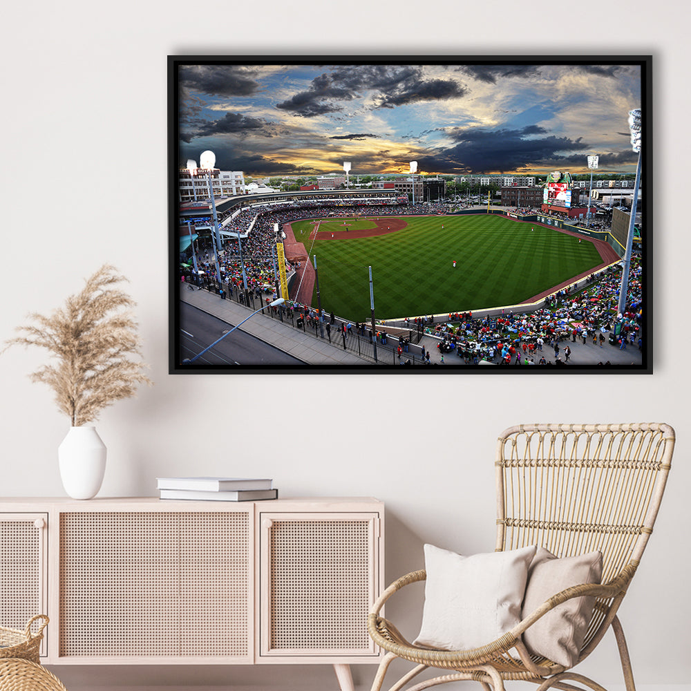 Fifth Third Field at Sunset, Stadium Canvas, Sport Art, Framed Canvas Print Wall Art, Floating Frame