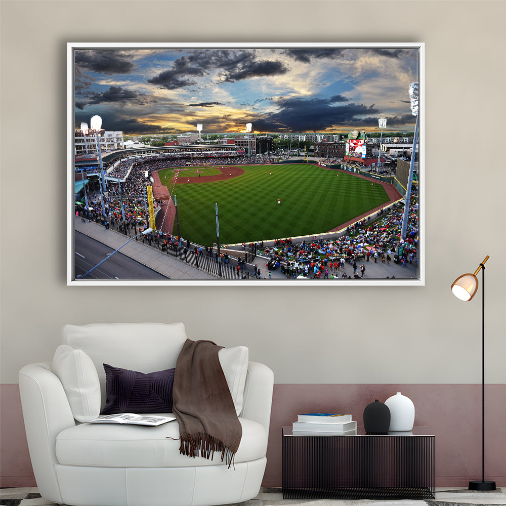 Fifth Third Field at Sunset, Stadium Canvas, Sport Art, Framed Canvas Print Wall Art, Floating Frame