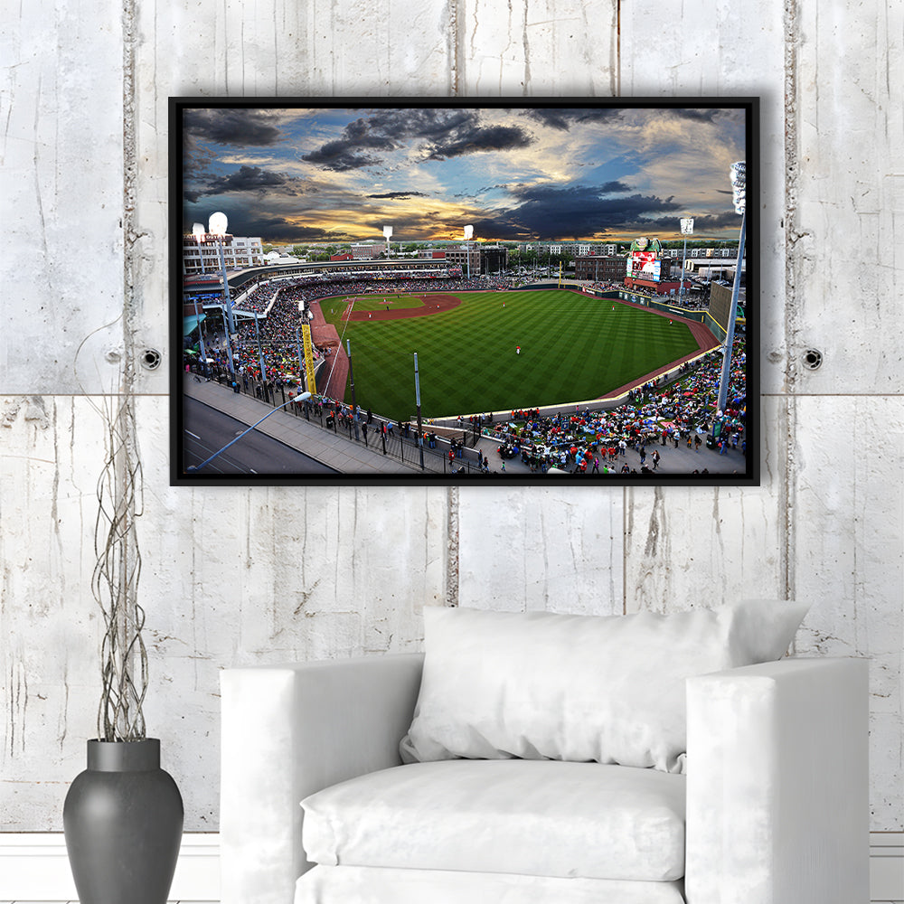 Fifth Third Field at Sunset, Stadium Canvas, Sport Art, Framed Canvas Print Wall Art, Floating Frame
