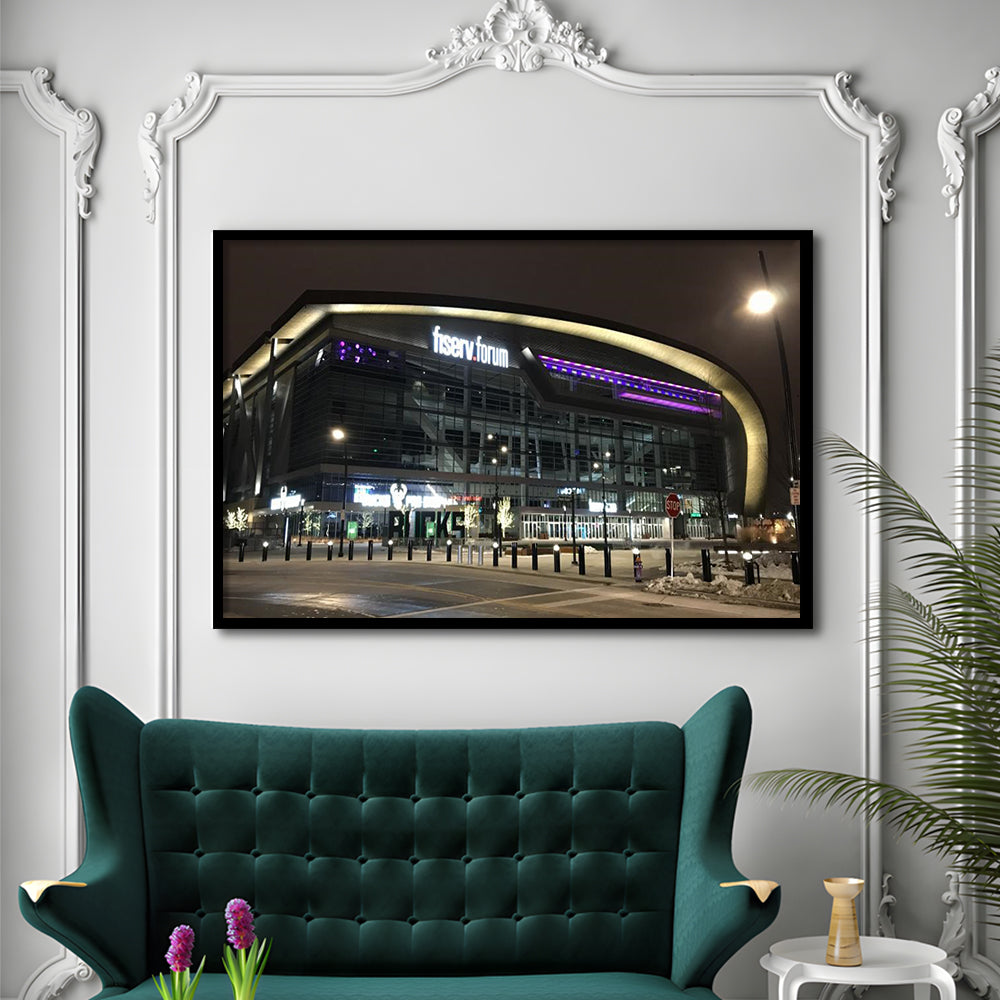 Fiserv Forum Arena at Night, Stadium Canvas, Sport Art, Gift for him, Framed Art Print Wall Decor, Picture Framed