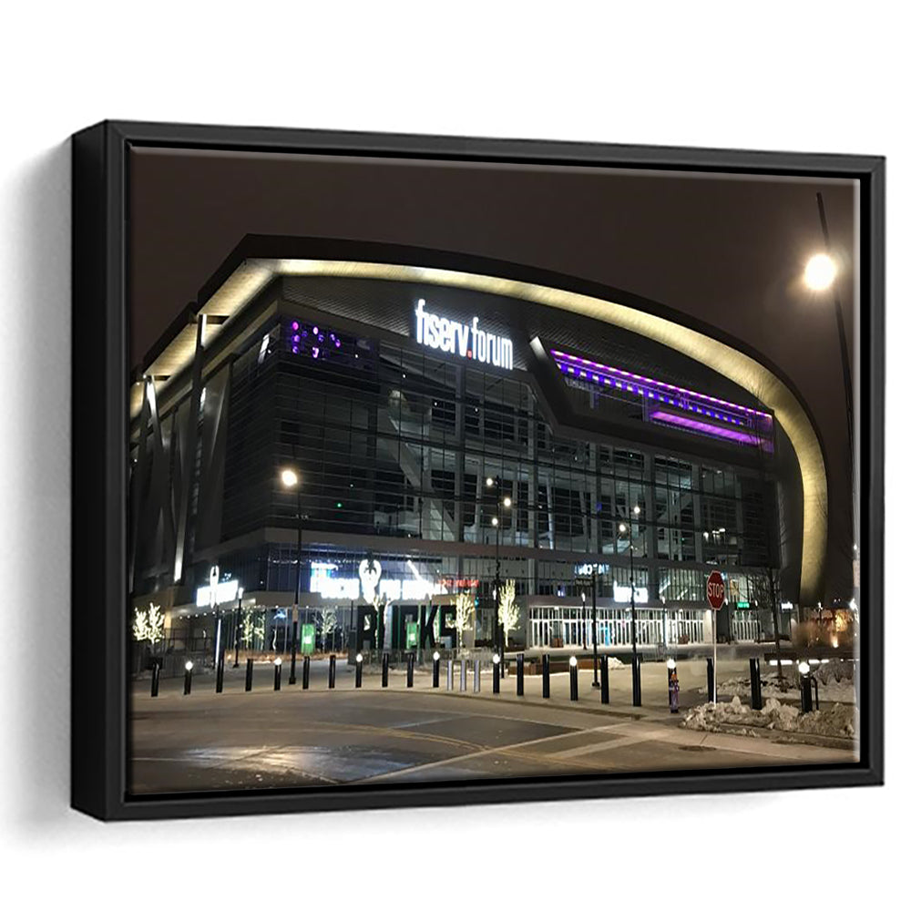 Fiserv Forum Arena at Night, Stadium Canvas, Sport Art, Framed Canvas Print Wall Art, Floating Frame
