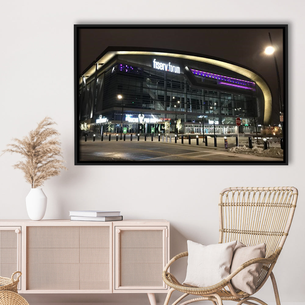 Fiserv Forum Arena at Night, Stadium Canvas, Sport Art, Framed Canvas Print Wall Art, Floating Frame