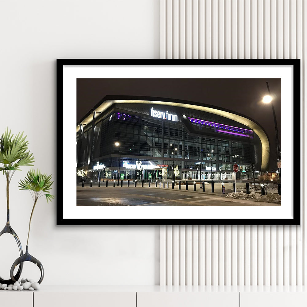 Fiserv Forum Arena at Night, Stadium Canvas, Sport Art, Gift for him, White Border Framed Art Print Wall Decor