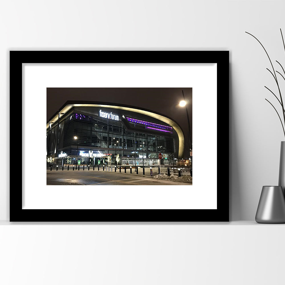 Fiserv Forum Arena at Night, Stadium Canvas, Sport Art, Gift for him, White Border Framed Art Print Wall Decor