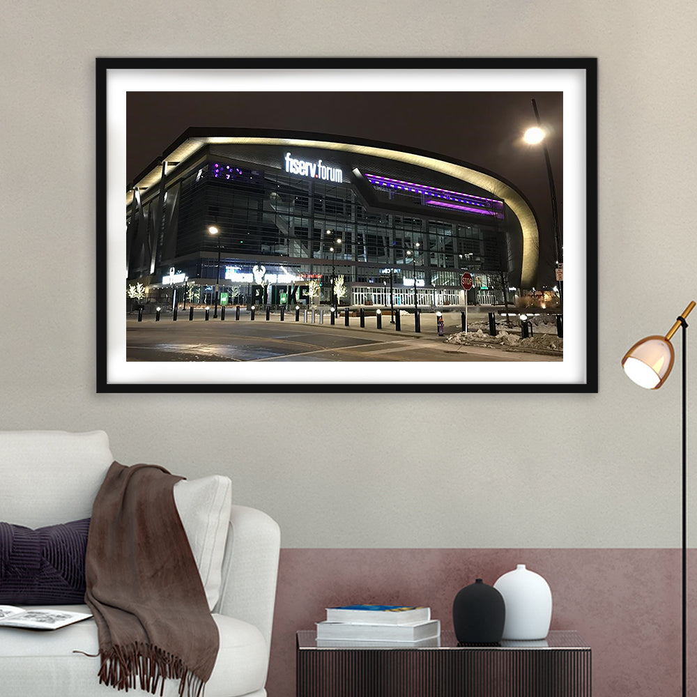 Fiserv Forum Arena at Night, Stadium Canvas, Sport Art, Gift for him, White Border Framed Art Print Wall Decor