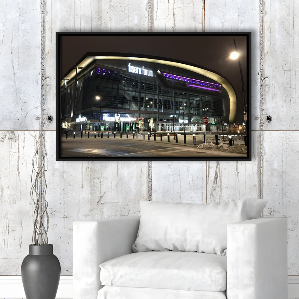 Fiserv Forum Arena at Night, Stadium Canvas, Sport Art, Framed Canvas Print Wall Art, Floating Frame