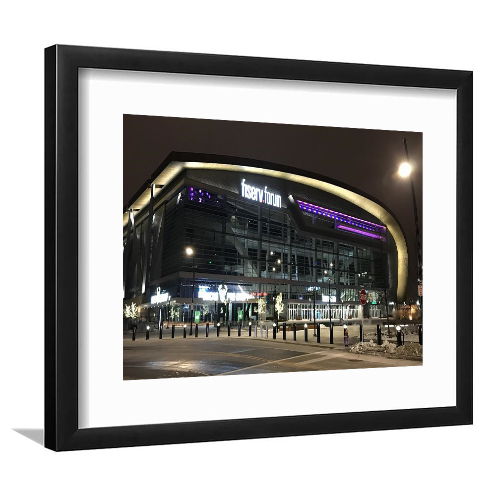 Fiserv Forum Arena at Night, Stadium Canvas, Sport Art, Gift for him, White Border Framed Art Print Wall Decor