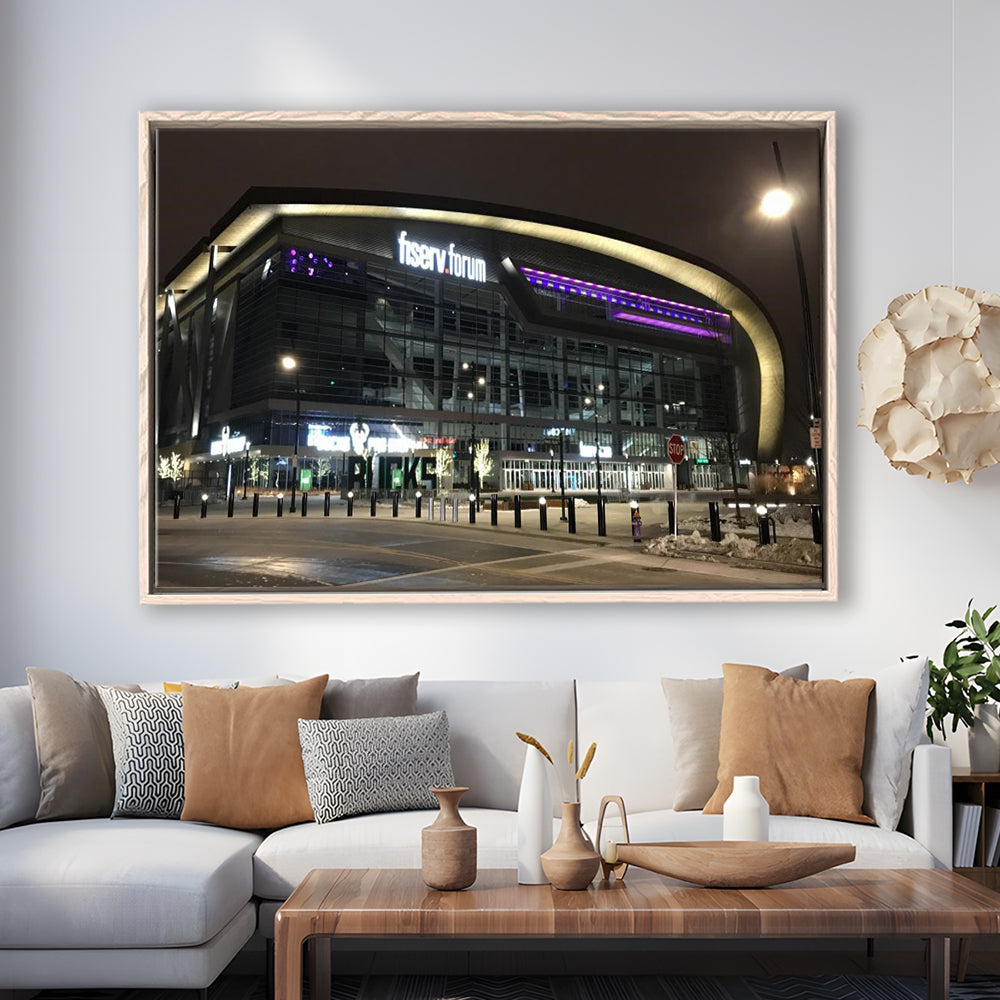 Fiserv Forum Arena at Night, Stadium Canvas, Sport Art, Framed Canvas Print Wall Art, Floating Frame