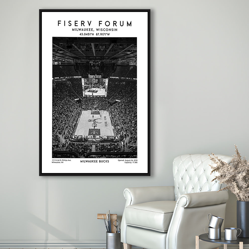 Fiserv Forum Stadium Black And White, Milwaukee Bucks Basketball Arena Wall Art Print, Framed Canvas Prints Wall Art