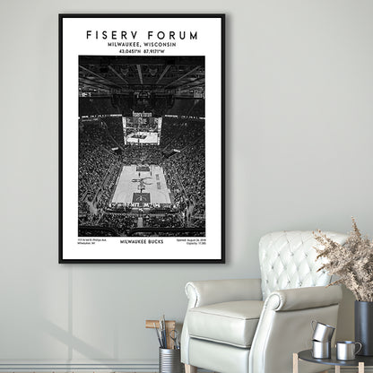 Fiserv Forum Stadium Black And White, Milwaukee Bucks Basketball Arena Wall Art Print, Framed Canvas Prints Wall Art