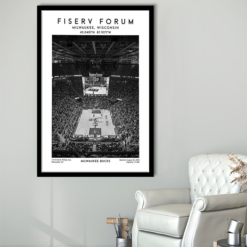 Fiserv Forum Stadium Black And White, Milwaukee Bucks Basketball Arena Wall Art Print, Framed Art Prints Wall Decor