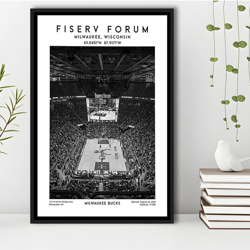 Fiserv Forum Stadium Black And White, Milwaukee Bucks Basketball Arena Wall Art Print, Framed Canvas Prints Wall Art