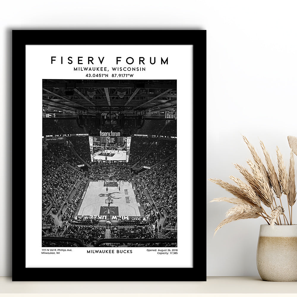 Fiserv Forum Stadium Black And White, Milwaukee Bucks Basketball Arena Wall Art Print, Framed Art Prints Wall Decor
