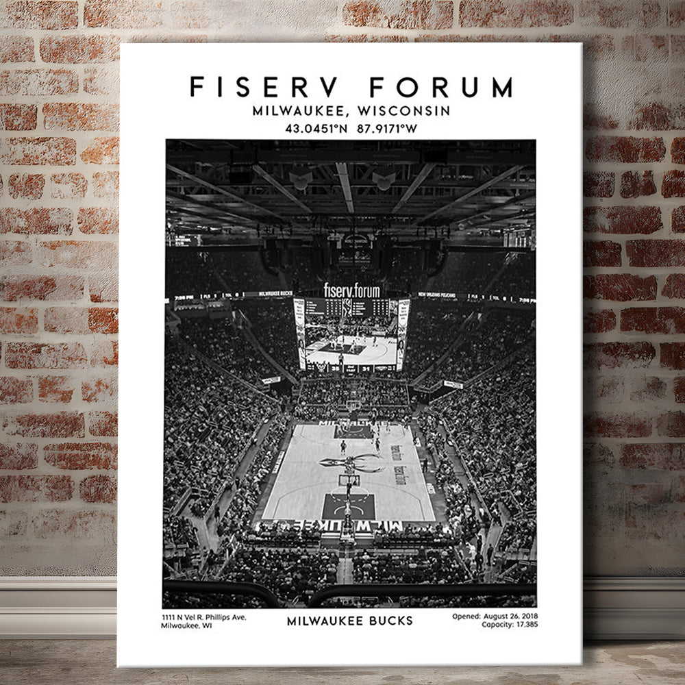 Fiserv Forum Stadium Black And White, Milwaukee Bucks Basketball Arena Wall Art Print, Canvas Prints Wall Art, Man Cave Decor