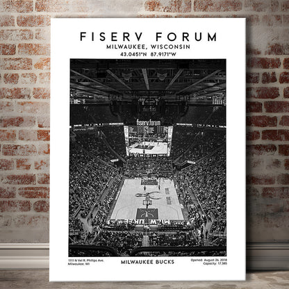 Fiserv Forum Stadium Black And White, Milwaukee Bucks Basketball Arena Wall Art Print, Canvas Prints Wall Art, Man Cave Decor