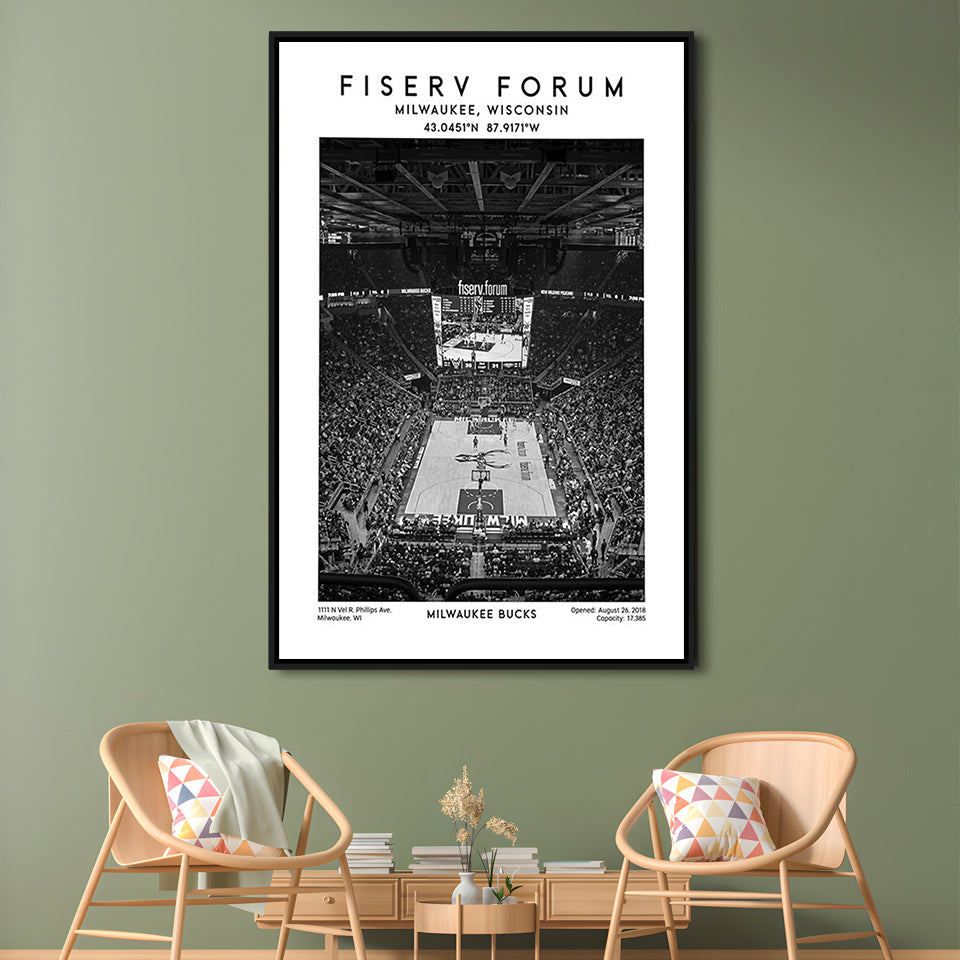 Fiserv Forum Stadium Black And White, Milwaukee Bucks Basketball Arena Wall Art Print, Framed Canvas Prints Wall Art