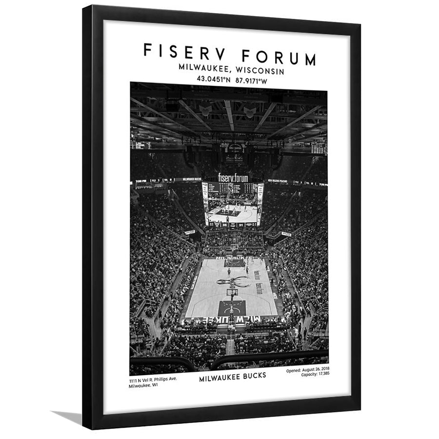 Fiserv Forum Stadium Black And White, Milwaukee Bucks Basketball Arena Wall Art Print, Framed Art Prints Wall Decor