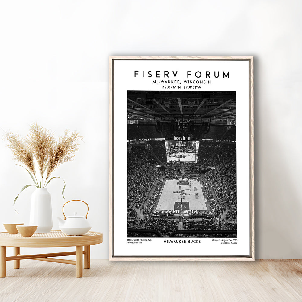 Fiserv Forum Stadium Black And White, Milwaukee Bucks Basketball Arena Wall Art Print, Framed Canvas Prints Wall Art