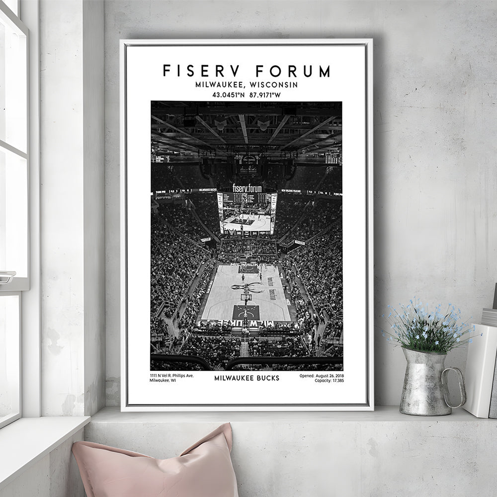 Fiserv Forum Stadium Black And White, Milwaukee Bucks Basketball Arena Wall Art Print, Framed Canvas Prints Wall Art