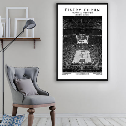 Fiserv Forum Stadium Black And White, Milwaukee Bucks Basketball Arena Wall Art Print, Framed Canvas Prints Wall Art