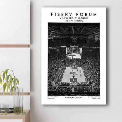 Fiserv Forum Stadium Black And White, Milwaukee Bucks Basketball Arena Wall Art Print, Canvas Prints Wall Art, Man Cave Decor