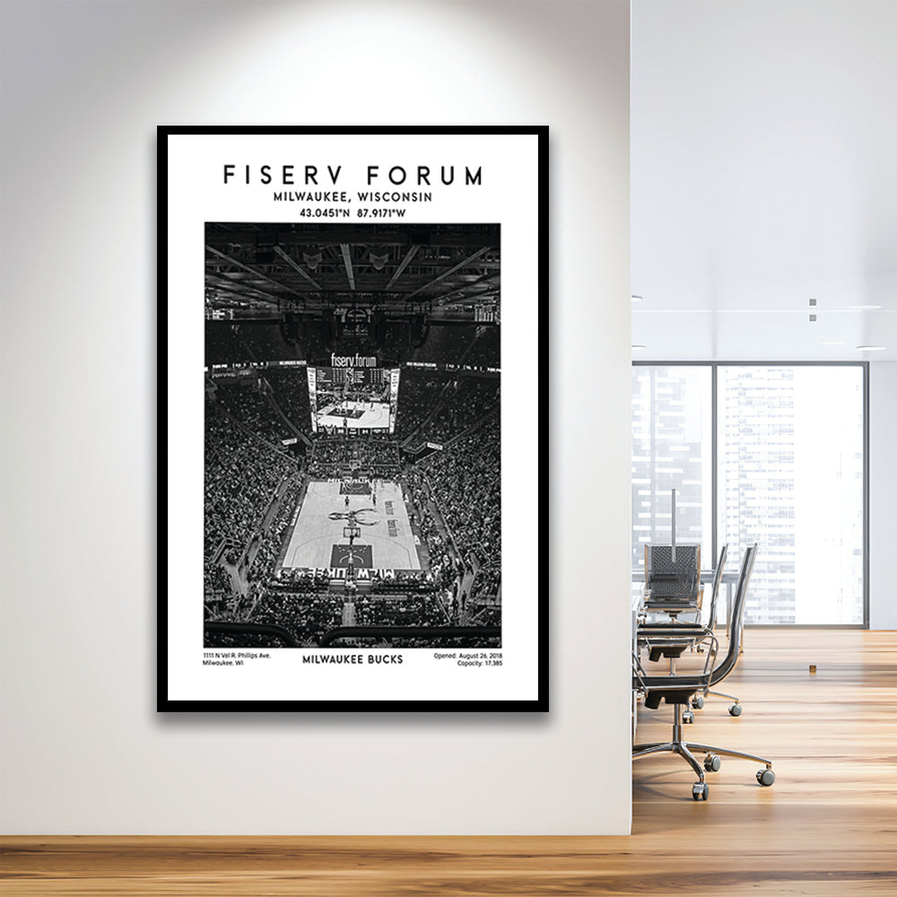 Fiserv Forum Stadium Black And White, Milwaukee Bucks Basketball Arena Wall Art Print, Framed Art Prints Wall Decor