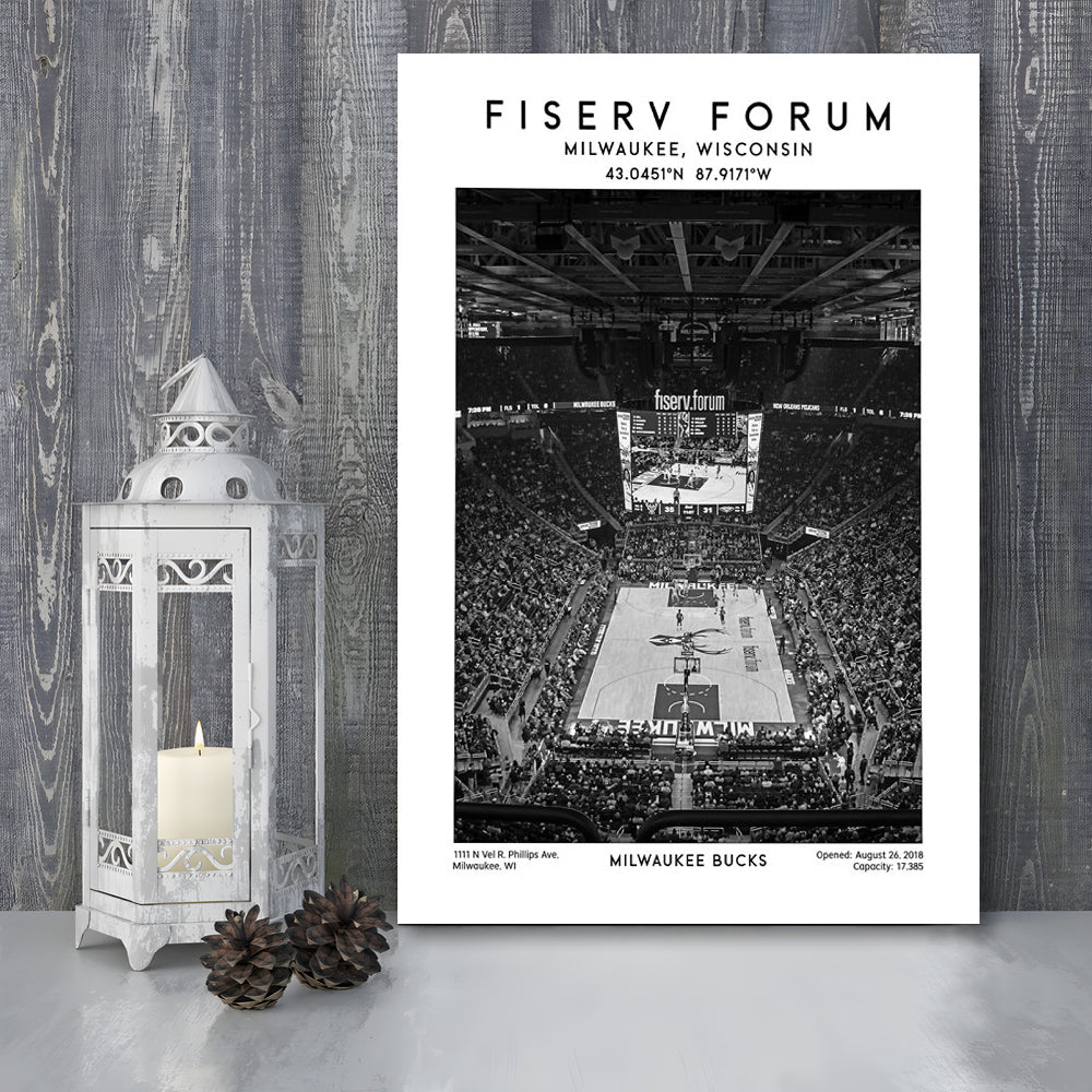 Fiserv Forum Stadium Black And White, Milwaukee Bucks Basketball Arena Wall Art Print, Canvas Prints Wall Art, Man Cave Decor