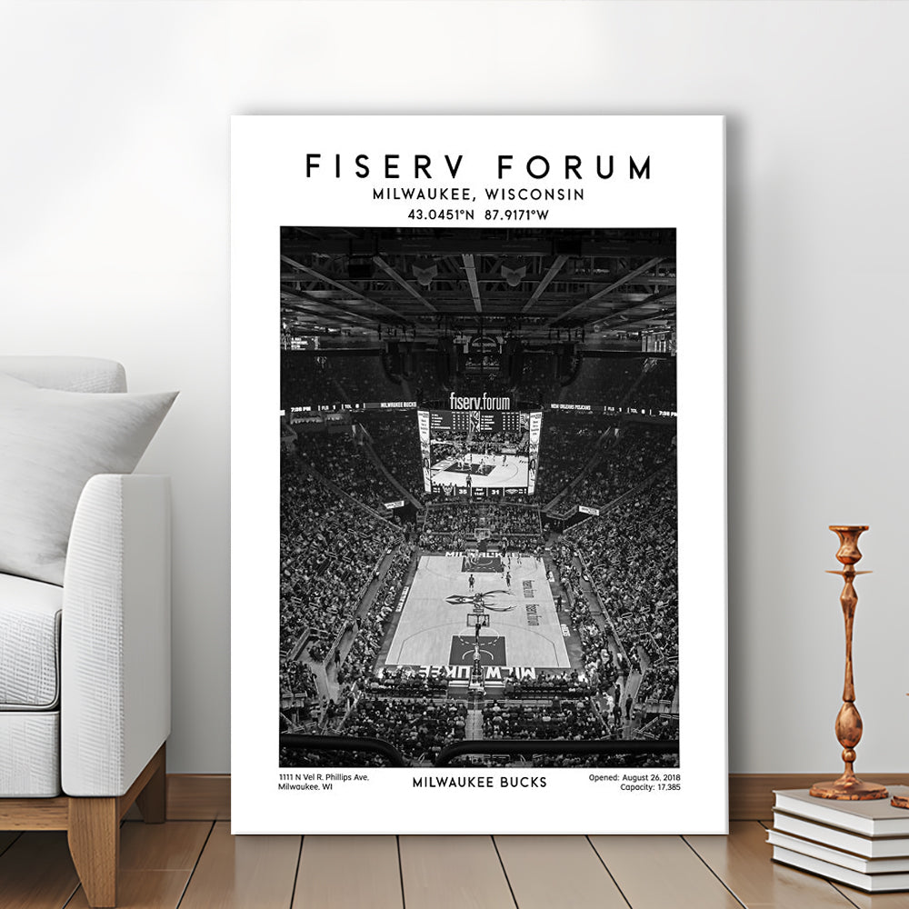 Fiserv Forum Stadium Black And White, Milwaukee Bucks Basketball Arena Wall Art Print, Canvas Prints Wall Art, Man Cave Decor