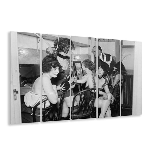 Flapper Girls Backstage Old Theater Prints Black and White Art Makeup Room Decor, 5 Pieces Large Canvas Print