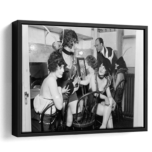 Flapper Girls Backstage Old Theater Prints Black and White Art Makeup Room Decor, Floating Framed Canvas Print