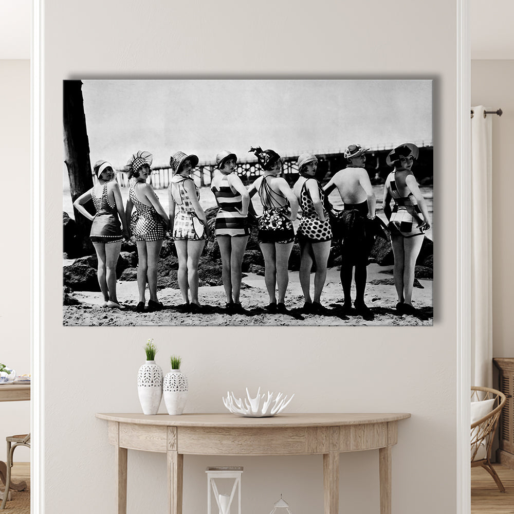 Flapper Girls Beach Print, Woman in Swimsuits, Black and White, Beach House Art, Canvas Print Wall Art Decor