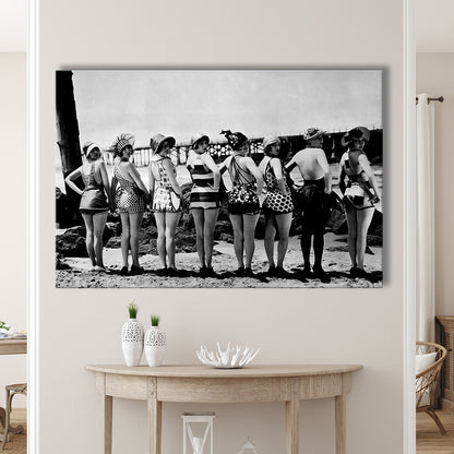 Flapper Girls Beach Print, Woman in Swimsuits, Black and White, Beach House Art, Canvas Print Wall Art Decor