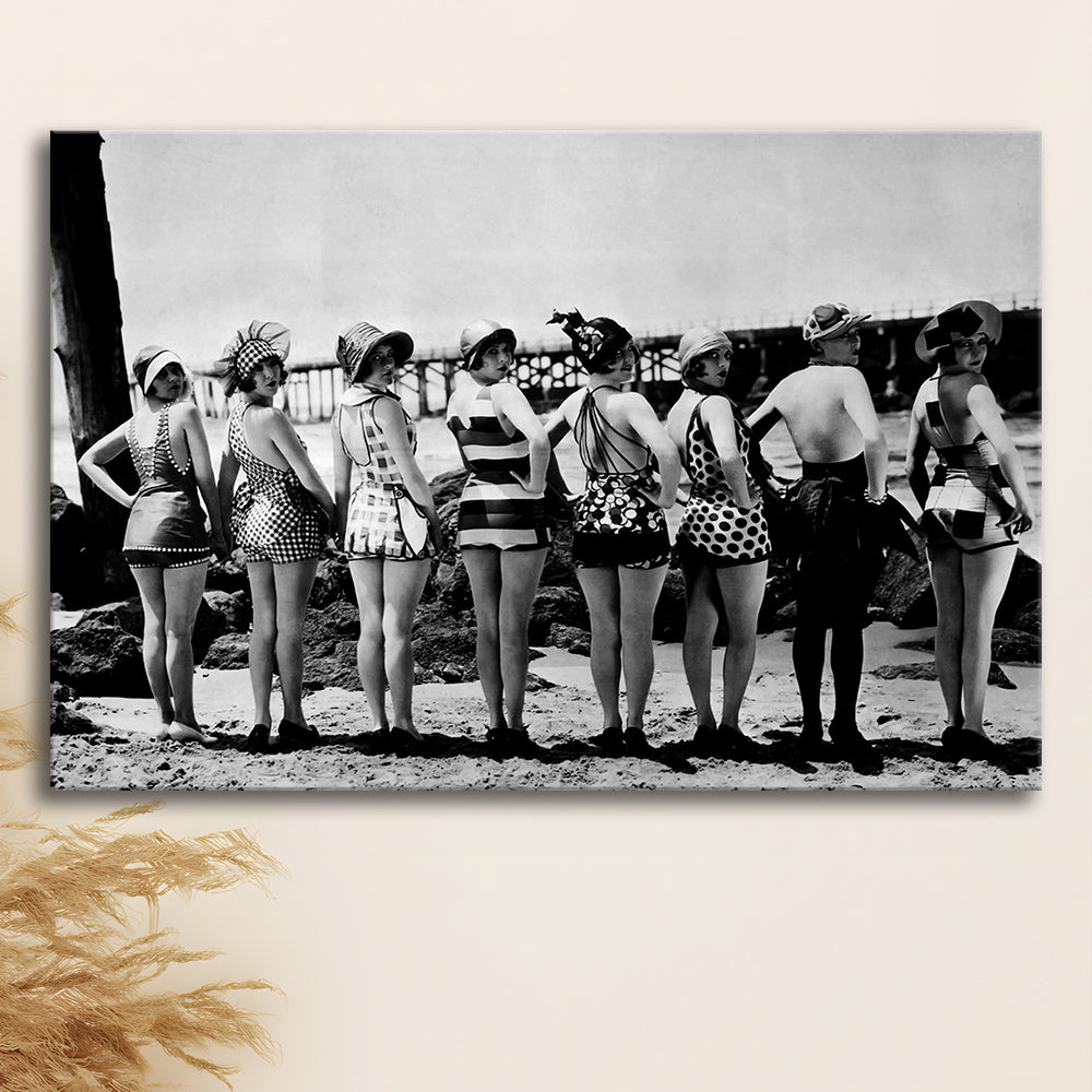 Flapper Girls Beach Print, Woman in Swimsuits, Black and White, Beach House Art, Canvas Print Wall Art Decor